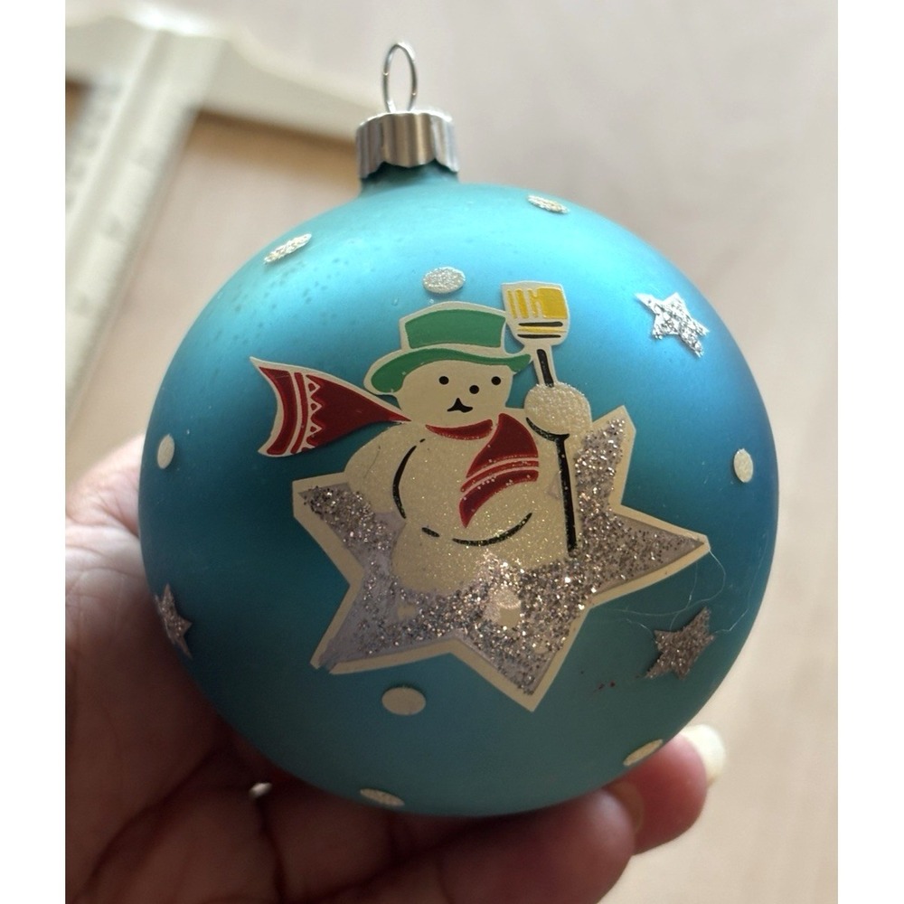 Radko Shiny Brite Christmas Ball Ornament Anthromorphic Snowman Star Blue